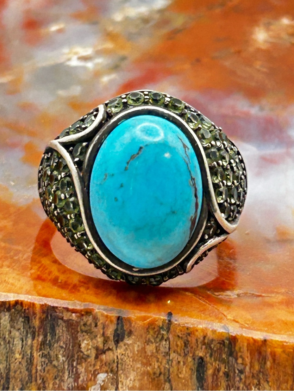 Sterling Silver Ring with Turquoise and CZ - Size 10